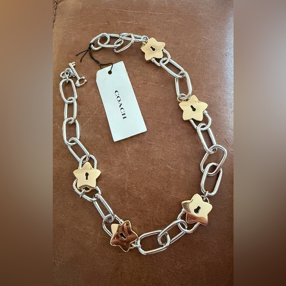 NWT Coach Star Padlock Chain Two Tone Link Necklace - Picture 3 of 5